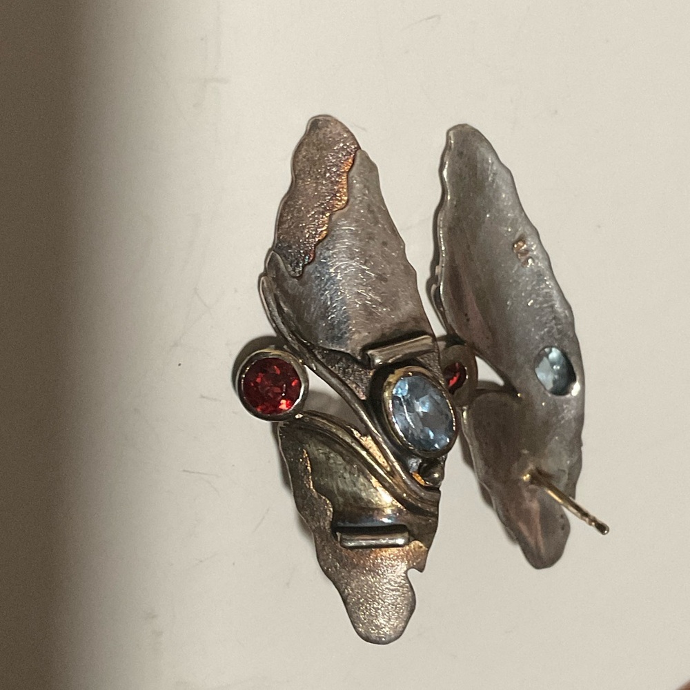 VINTAGE STERLING Silver 925 and Gold Leaf Earrings with Red GARNET, Blue TOPAZ